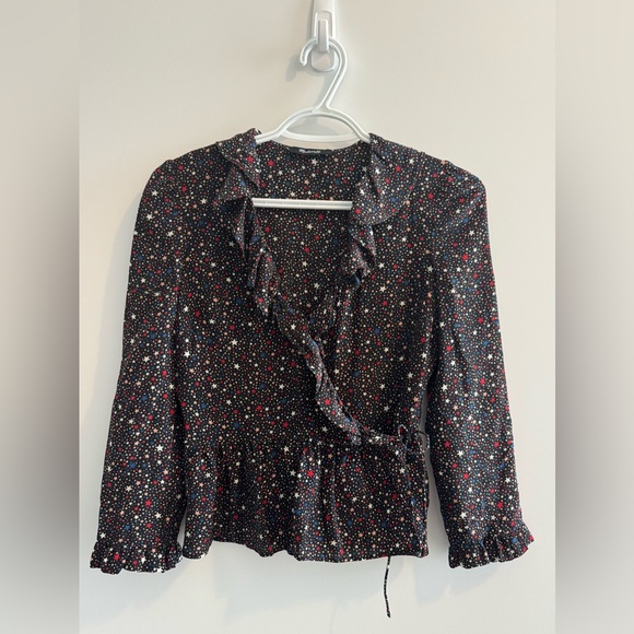 Madewell Navy Starry Night 100% Silk Wrap-Front Ruffle-Hem Blouse Size XS - Picture 2 of 13